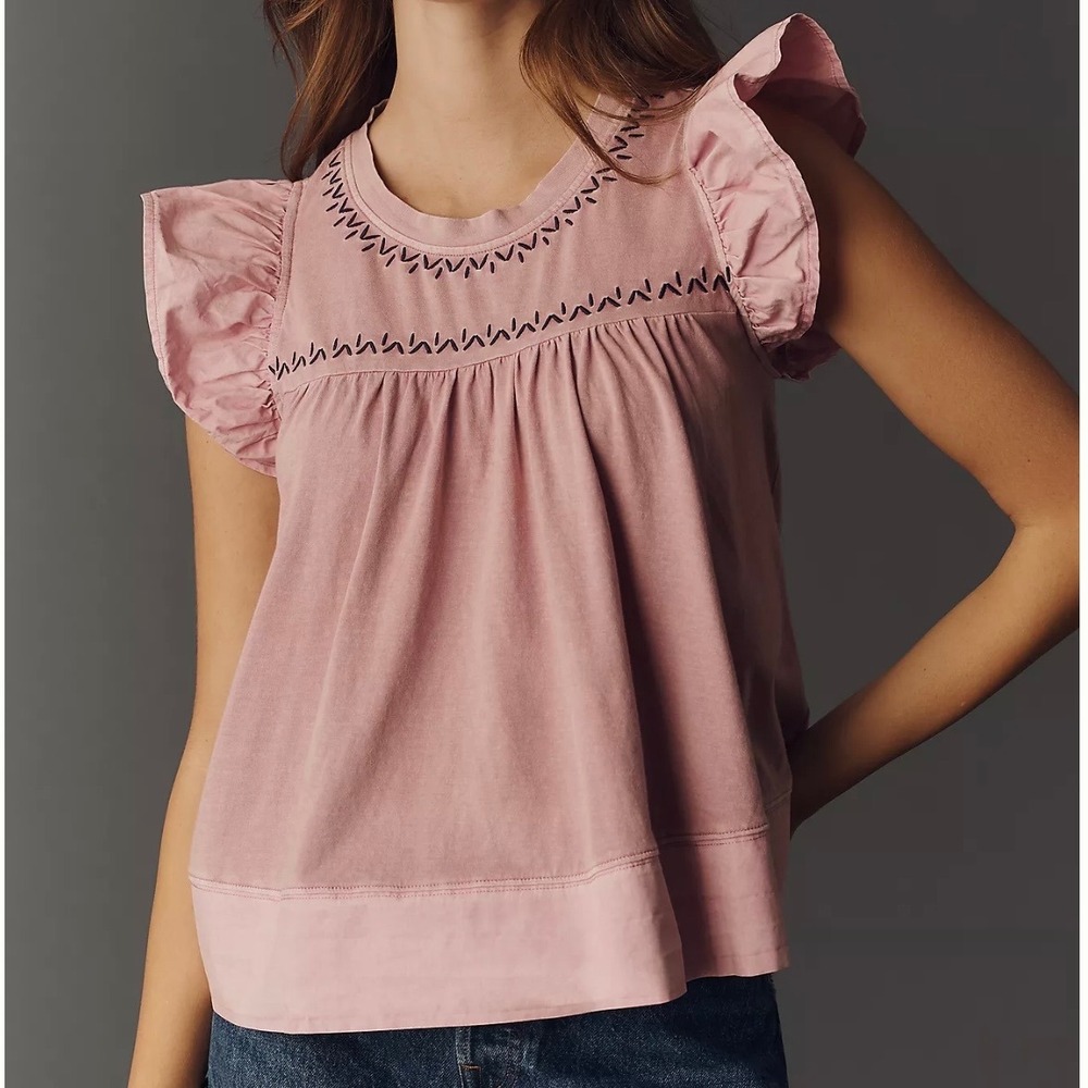 By Anthropologie Embroidered Pintuck Flutter Short Sleeve Top Pink Orchid M